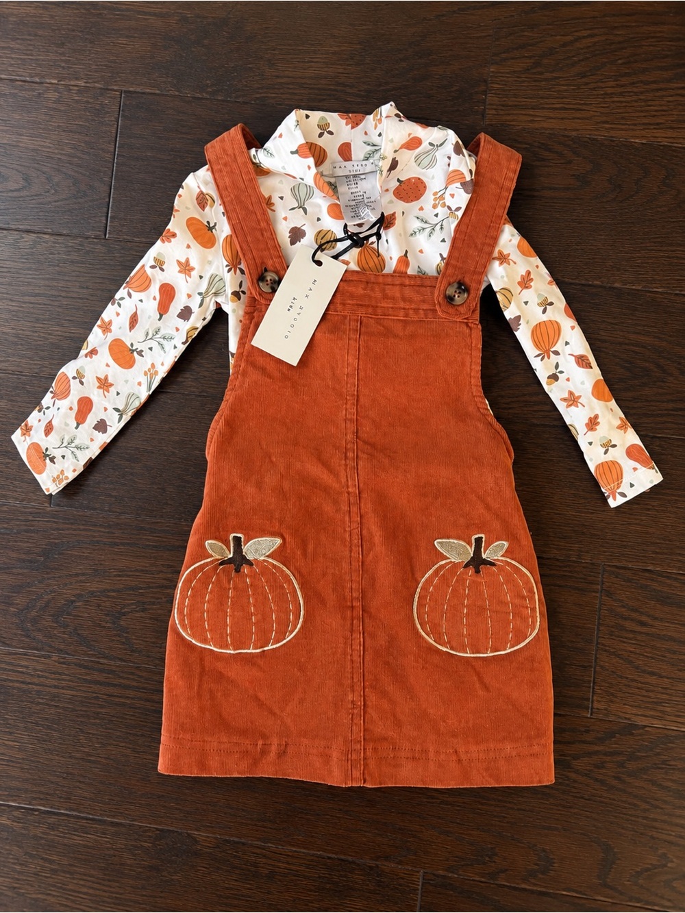 Max Studio Kids Pumpkin Corduroy Pinafore Dress with Pumpkin Print Top